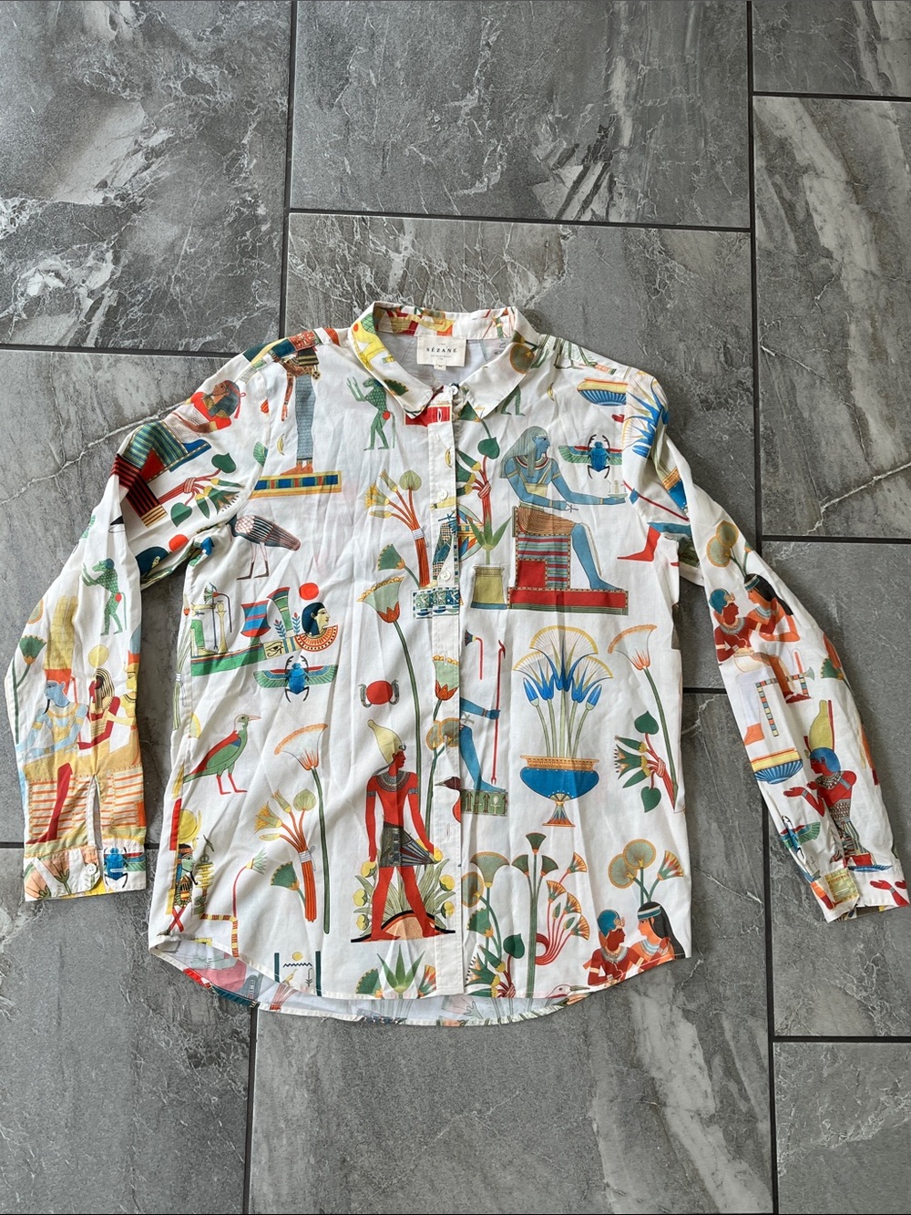 🧡 Sezane Button Down Shirt Size 38 Egyptian Print Cotton